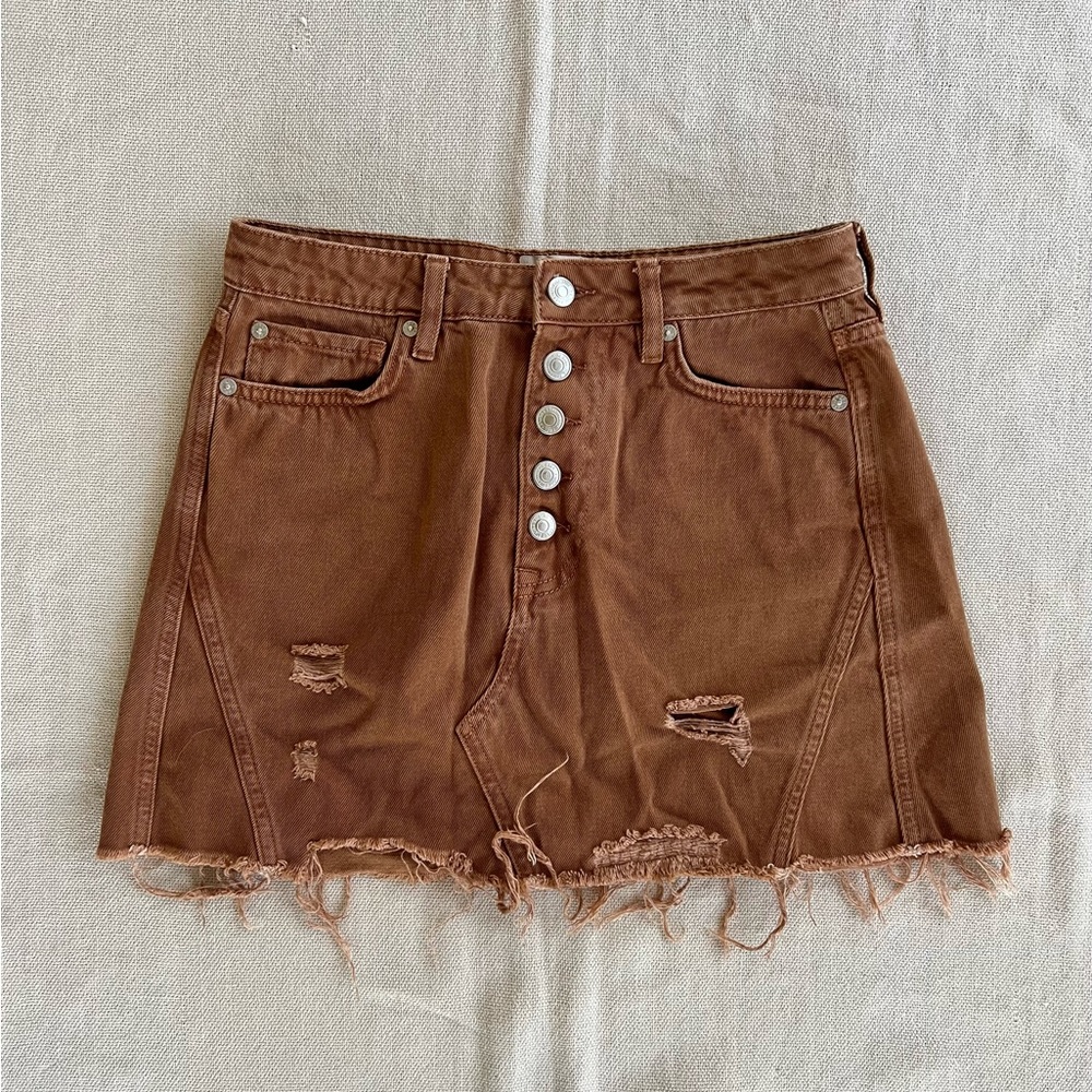 Free People High Waisted Distressed Denim Mini Skirt, Bronze/Brown, Size 28